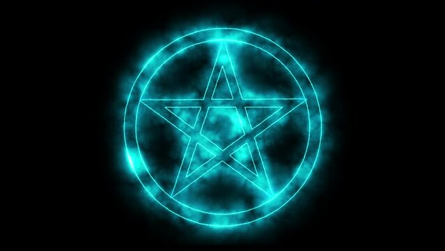 luminous mystic pentagram in circle. neon light. esoteric occult spiritual symbol. isolated on black background. 23,98 fps 