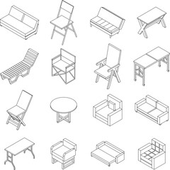 Folding furniture icons set. Isometric set of folding furniture vector icons outline thin lne isolated on white