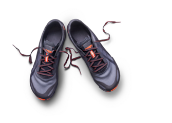 A top view of grey and orange trainers, sneakers Isolated on a flat background.