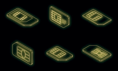 Sim phone card icons set. Isometric set of sim phone card vector icons neon color on black