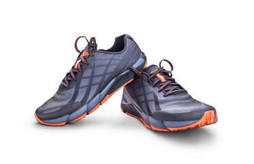 A front view of grey and orange trainers, sneakers Isolated on a flat background.