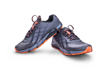 A front view of grey and orange trainers, sneakers Isolated on a flat background.