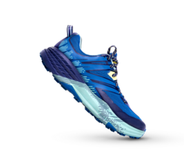 A side view of blue trainers, sneakers Isolated on a flat background.