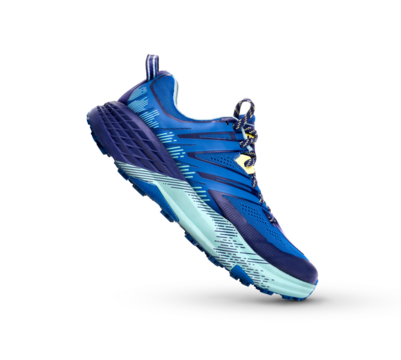 A side view of blue trainers, sneakers Isolated on a flat background.