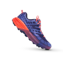A side view of purple and orange trainers, sneakers Isolated on a flat background.