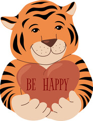Symbol of the year 2022 tiger gives a heart and wishes happiness.