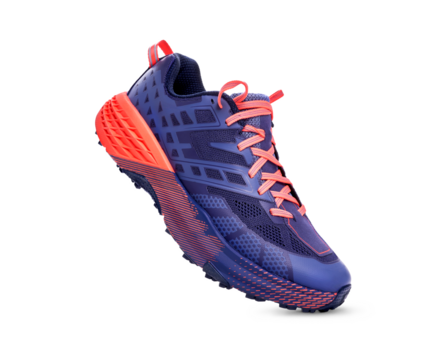 A front view of purple and orange trainers, sneakers Isolated on a flat background.