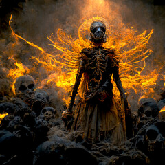 Fototapeta premium Horror concept of a bonfire skeleton wearing a skirt and with some skulls around him.
