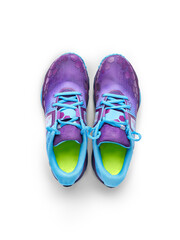 A top view of blue and purple trainers, sneakers Isolated on a flat background.