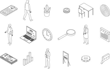 Account manager icons set. Isometric set of account manager vector icons outline thin lne isolated on white