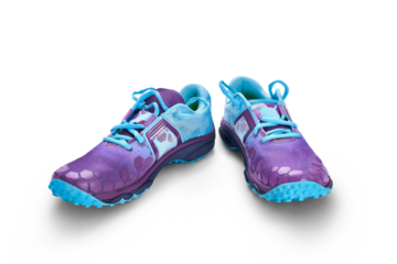 A front view of blue and purple trainers, sneakers Isolated on a flat background.
