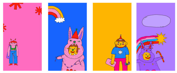 set of vertical christmas stories. Christmas templates for social networks. Stars, rainbow, rabbits. Celebration 2023. 1970 psychedelic and hippie nostalgia postcards and posters