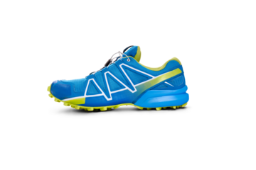 A side view of blue and yellow trainers, sneakers Isolated on a flat background.