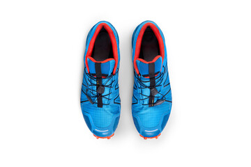 A top view of blue and orange trainers, sneakers Isolated on a flat background.