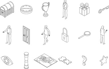 Quest icons set. Isometric set of quest vector icons outline thin lne isolated on white