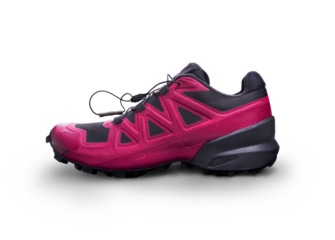 A side view of pink, magenta and black trainers, sneakers Isolated on a flat background.