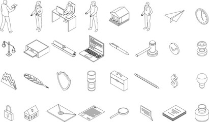 Notary icons set. Isometric set of notary vector icons outline thin lne isolated on white