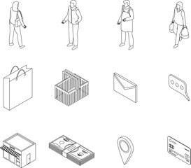 Buyer icons set. Isometric set of buyer vector icons outline thin lne isolated on white
