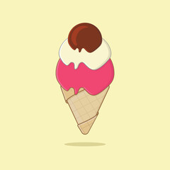 Illustration of Ice cream in a waffle cone. Ice cream in flavor variant strawberry, vanilla, and chocolatte idea for a poster, postcard, t-shirt.