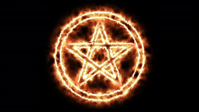 Golden luminous mystic pentagram in circle. Neon light. Esoteric occult spiritual symbol. Isolated on black background. 25 fps 
