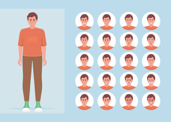 Changing moods of young man semi flat color character emotions set. Mental states. Editable facial expressions. Psychology vector style illustration for motion graphic design and animation