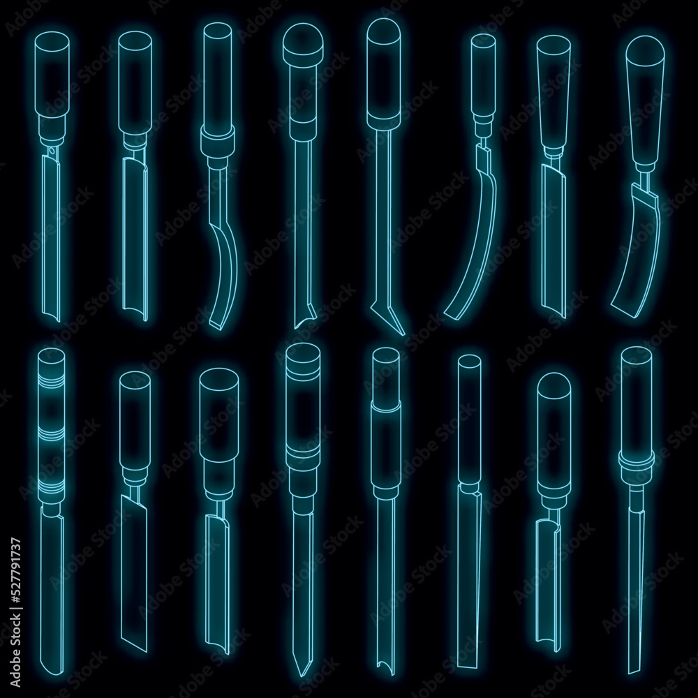 Poster chisel icons set. isometric set of chisel vector icons neon color on black