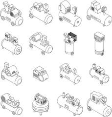 Air compressor icons set. Isometric set of air compressor vector icons outline thin lne isolated on white