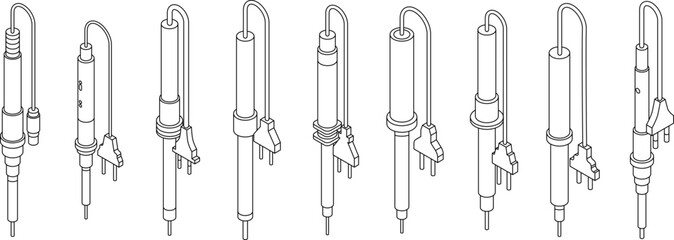 Soldering iron icons set. Isometric set of soldering iron vector icons outline thin lne isolated on white