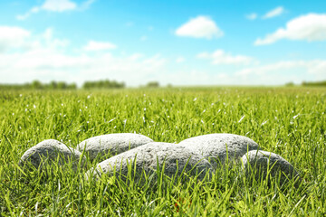 Stone pedestal in grass and sunny warm day. 
