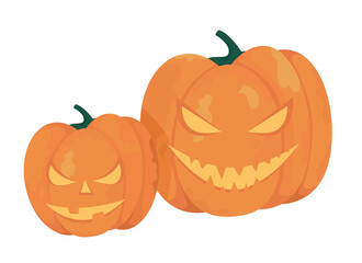Pumpkins with evil faces semi flat color vector objects. Editable elements. Full sized item on white. Halloween lanterns simple cartoon style illustration for web graphic design and animation