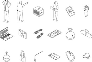 Fraud icons set. Isometric set of fraud vector icons outline thin lne isolated on white
