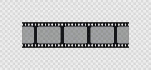 Old cinematic frame. Movie tape with slides on transparent background. Vintage camera reel. photo roll. Retro video seamless border. Negative filmstrip. Close-up cinema strip. Vector illustration.