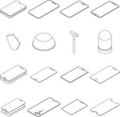 Protective glass icons set. Isometric set of protective glass vector icons outline thin lne isolated on white