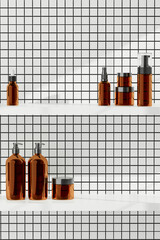 Cosmetic shelf against ceramic tile wall with copy space. 3d rendering