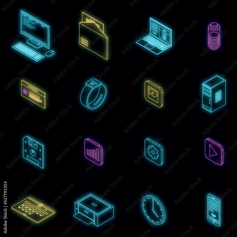 Poster operating system icons set. isometric set of operating system vector icons neon color on black