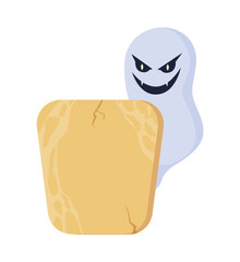 Spooky ghost and gravestone quote textbox with flat objects. Halloween holiday celebration. Speech bubble with editable cartoon illustration. Creative quotation isolated on white background