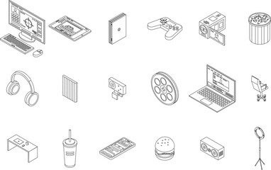 Stream icons set. Isometric set of stream vector icons outline thin lne isolated on white