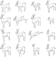 Gazelle icons set. Isometric set of gazelle vector icons outline thin lne isolated on white