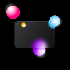 Vector illustration of beautiful glass on a black background with multicolored volumetric balls. Glassmorphism style. Abstract futuristic background for business and advertising