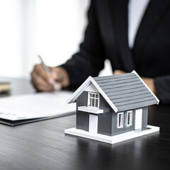 Real estate agent talked about the terms of the home purchase agreement and asked the customer to sign the documents to make the contract legally, Home sales and home insurance concept.
