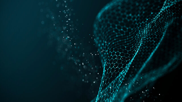 Abstract wave of connected hexagons. Futuristic polygonal background. Artificial intelligence. Big data technology. 3d rendering