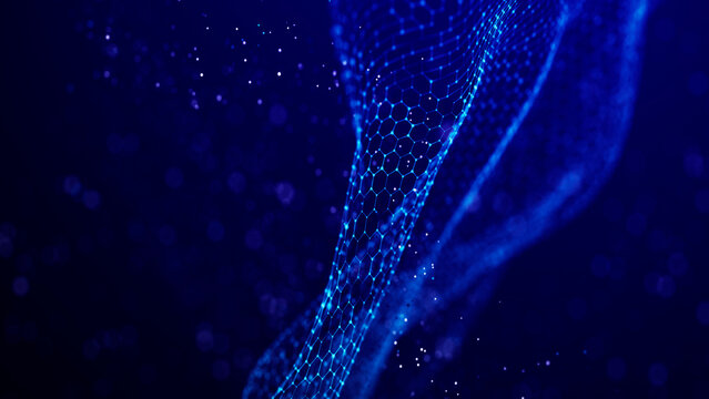 Abstract wave of connected hexagons. Futuristic polygonal background. Artificial intelligence. Big data technology. 3d rendering