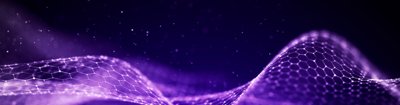 Abstract wave of connected hexagons. Futuristic polygonal background. Artificial intelligence. Big data technology. 3d rendering