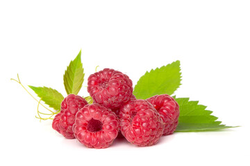 Ripe red raspberries with leaves isolated on white background