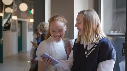 Happy teen friends using mobile phone while standing in school hall. 