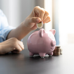 Young woman is saving money and calculating the income and expenses of the house due to the poor...
