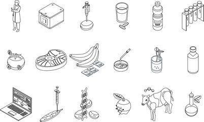 Gmo food icons set. Isometric set of gmo food vector icons outline thin lne isolated on white