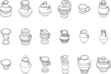 Amphora icons set. Isometric set of amphora vector icons outline thin lne isolated on white
