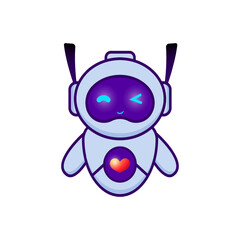 Vector illustration of a winking robot. Robot with neon lights and a heart on his chest. Recommend, good, like, review, feedback, artificial intelligence. Cute robot for business and advertising