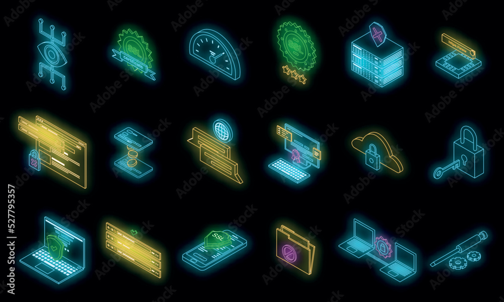 Poster ssl certificate icons set. isometric set of ssl certificate vector icons neon color on black